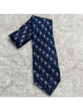 ERMENEGILDO ZEGNA Tie 100% Silk Navy Blue Gold Leaf Abstract Geometric Italy